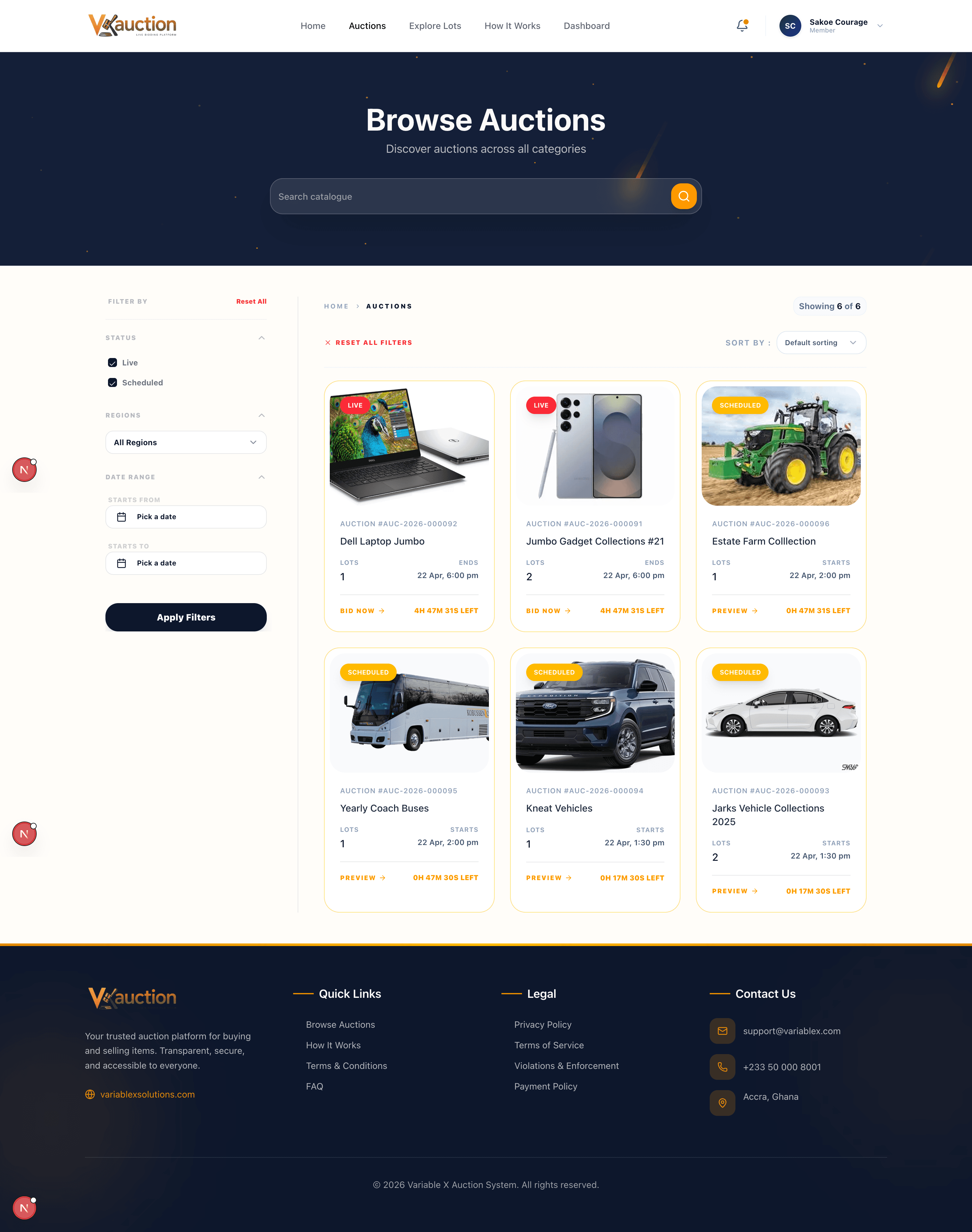 Live auction marketplace with real-time status updates.