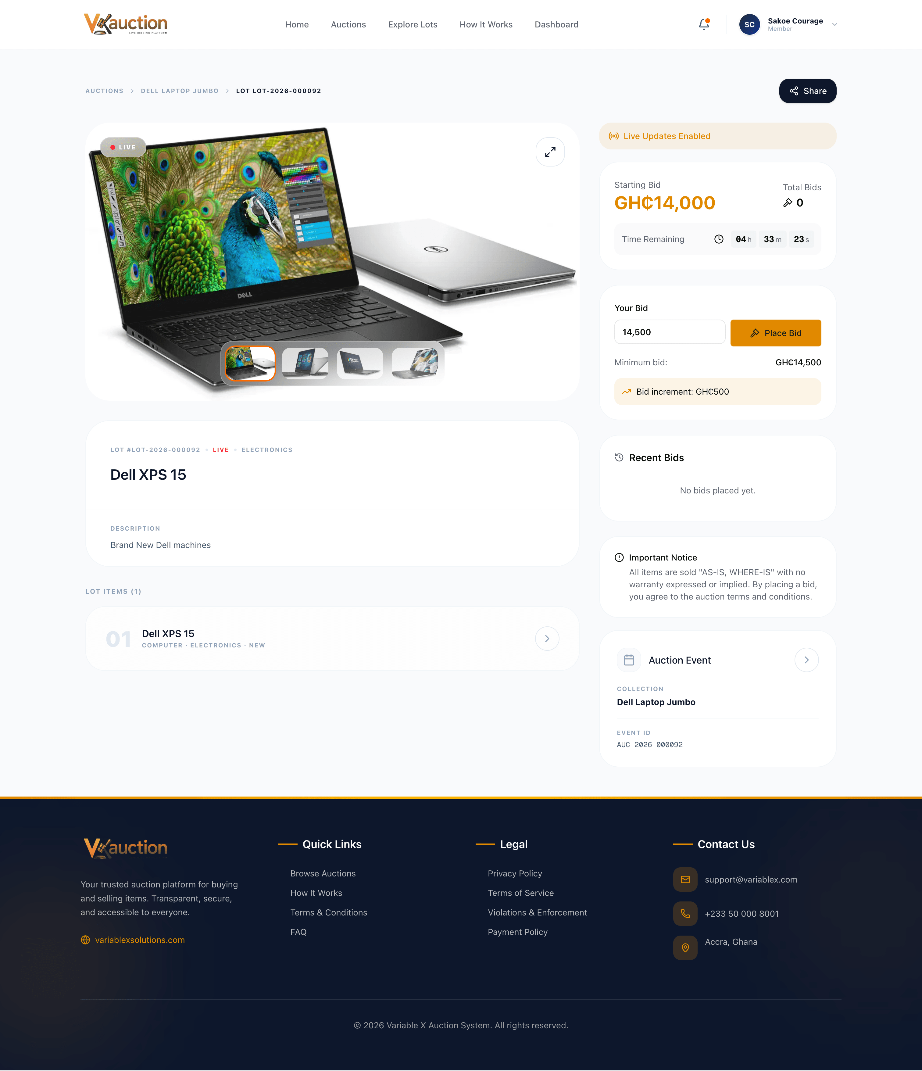 Detailed lot viewing experience with bidding integration.