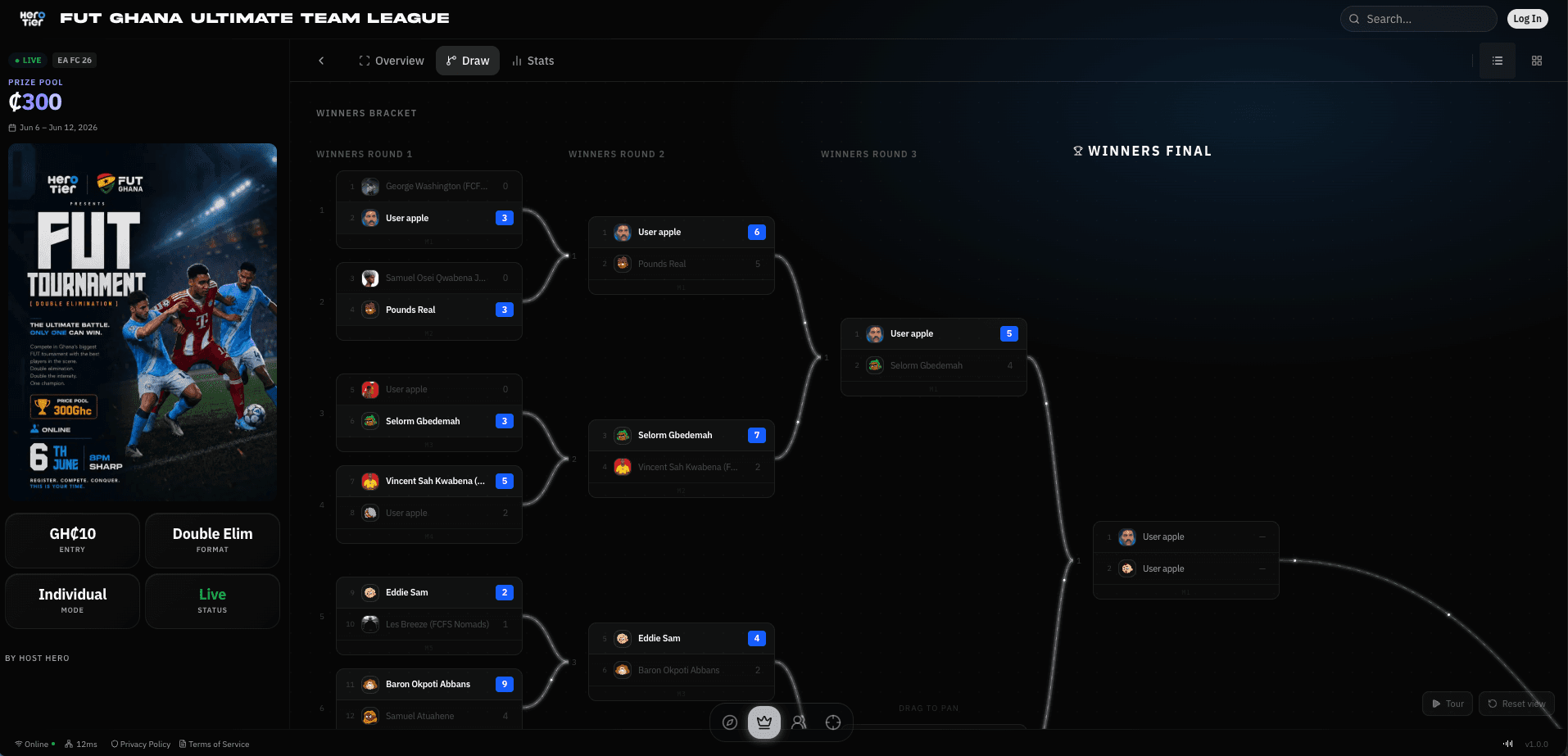 Draw and bracket management interface for organizing tournament matchups.