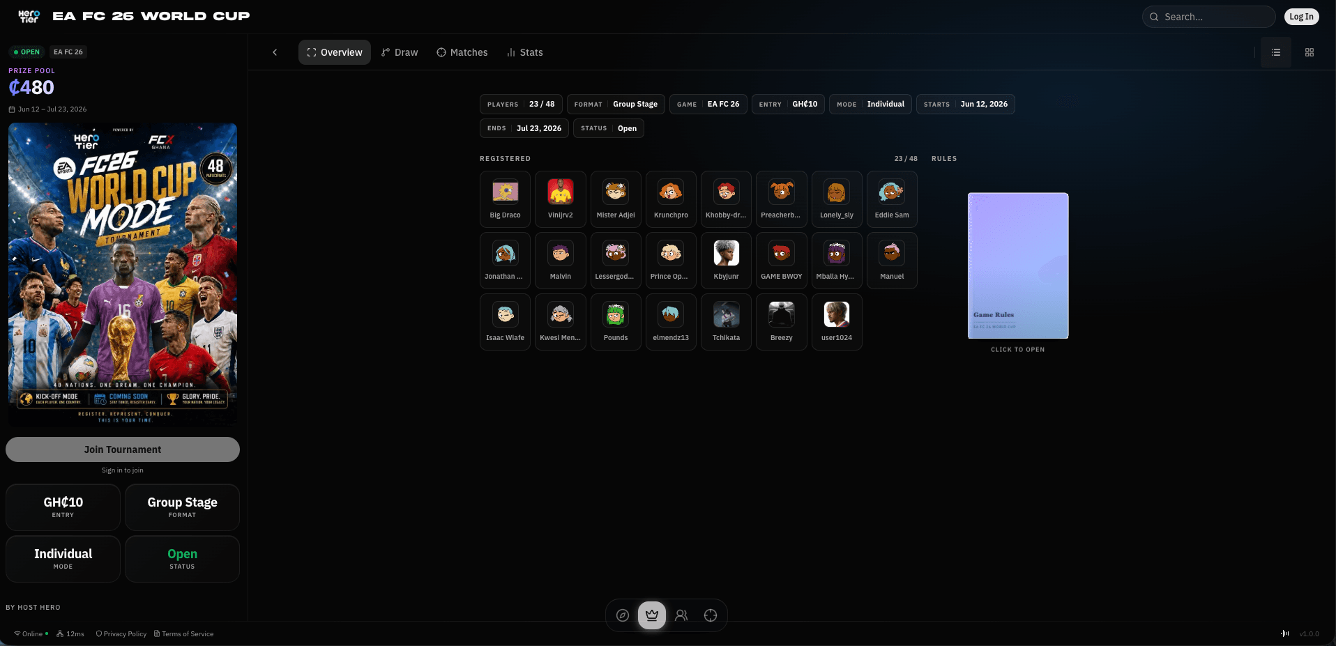 Tournament overview showing event details, participants, and competitive progress.